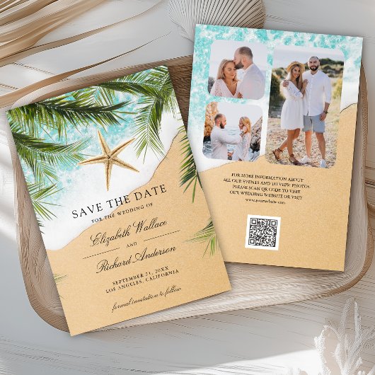 Tropical Beach Palm Leaves Starfish Photo Wedding セーブザデート