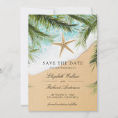 Tropical Beach Palm Leaves Starfish Photo Wedding セーブザデート (正面)