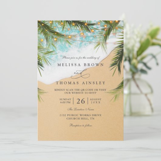 Tropical Beach Palm Lights Photo QR Code Wedding 招待状 (スタンド正面)