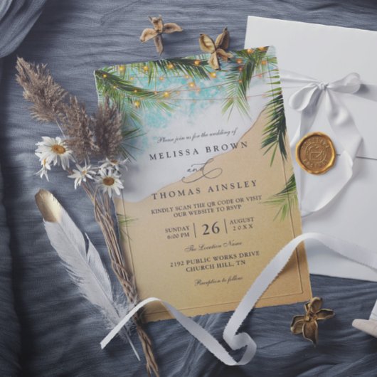 Tropical Beach Palm Lights Photo QR Code Wedding 招待状