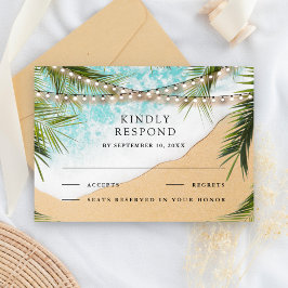 Tropical Beach Palm String Lights Wedding 出欠カード