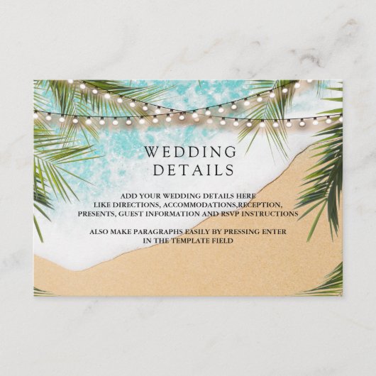 Tropical Beach Palm String Lights Wedding Details エンクロージャーカード (正面)
