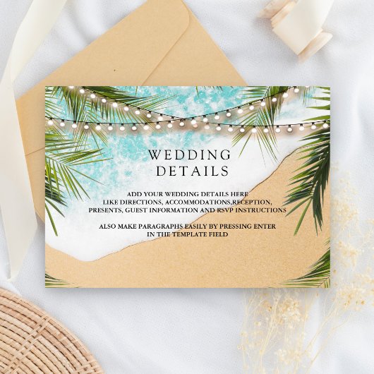 Tropical Beach Palm String Lights Wedding Details エンクロージャーカード