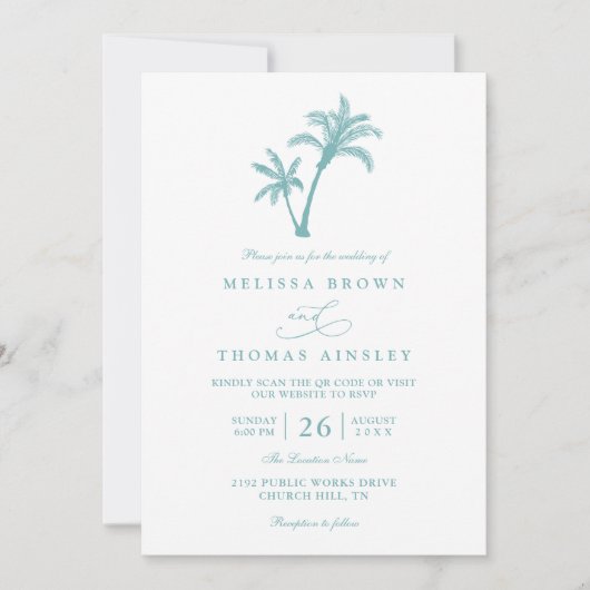 Tropical Beach Palm Tree Sea QR Code Wedding 招待状 (正面)