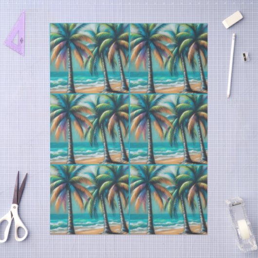 Tropical Beach Palm Trees Chalk-Pastel Decoupage  薄葉紙 (クラフト)