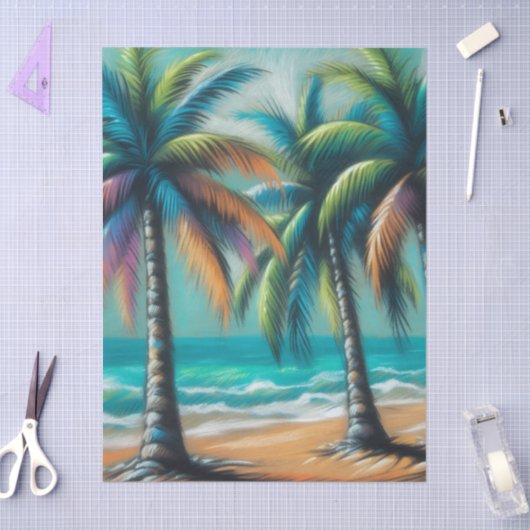 Tropical Beach Palm Trees Chalk-Pastel Decoupage  薄葉紙 (クラフト)