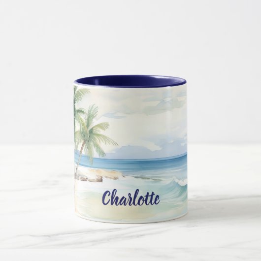 Tropical beach palm trees name blue summer マグカップ (中央)