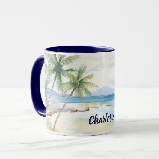 Tropical beach palm trees name blue summer マグカップ (正面左)