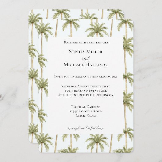 Tropical Beach Palm Trees Wedding 招待状 (正面/裏面)