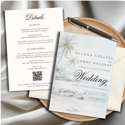 Tropical Beach Palm Watercolor Wedding Invitation 招待状