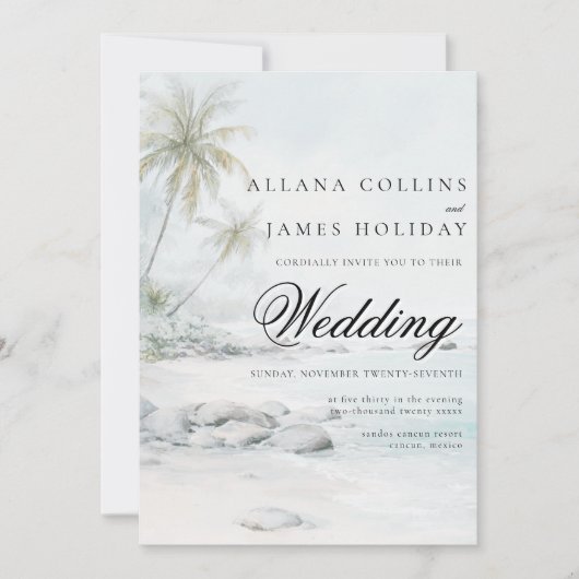 Tropical Beach Palm Watercolor Wedding Invitation 招待状 (正面)