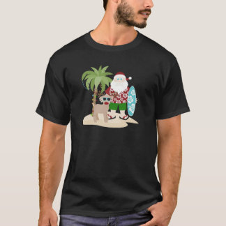 Tropical Beach Santa with Surfboard and Reindeer Tシャツ
