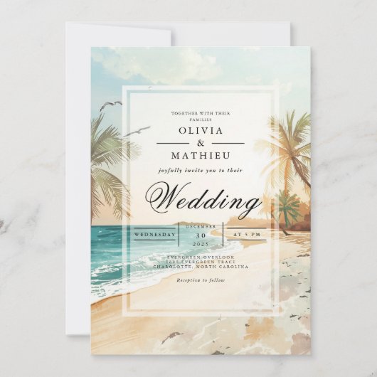 Tropical Beach Scene Wedding 招待状 (正面)