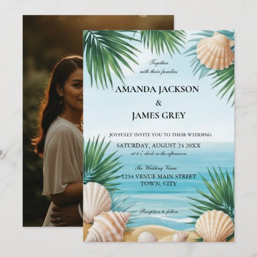 Tropical Beach Sea Blue Wedding Invitation 招待状 (正面/裏面)