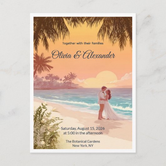 Tropical Beach Sunset Destination Wedding Postcard ポストカード (正面)