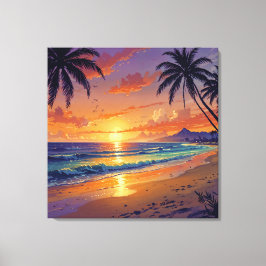 Tropical Beach Sunset - Illustration Style Art キャンバスプリント