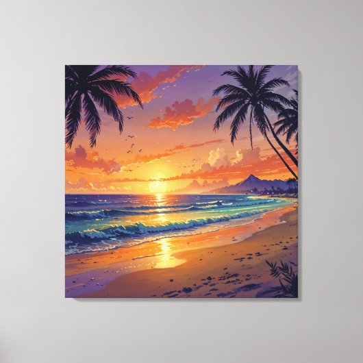 Tropical Beach Sunset - Illustration Style Art キャンバスプリント (正面)