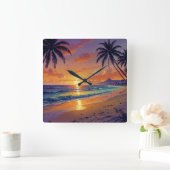 Tropical Beach Sunset - Illustration Style Art スクエア壁時計 (ホーム)