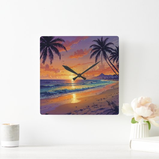 Tropical Beach Sunset - Illustration Style Art スクエア壁時計 (ホーム)