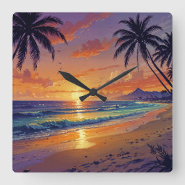Tropical Beach Sunset - Illustration Style Art スクエア壁時計