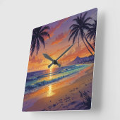 Tropical Beach Sunset - Illustration Style Art スクエア壁時計 (傾斜)