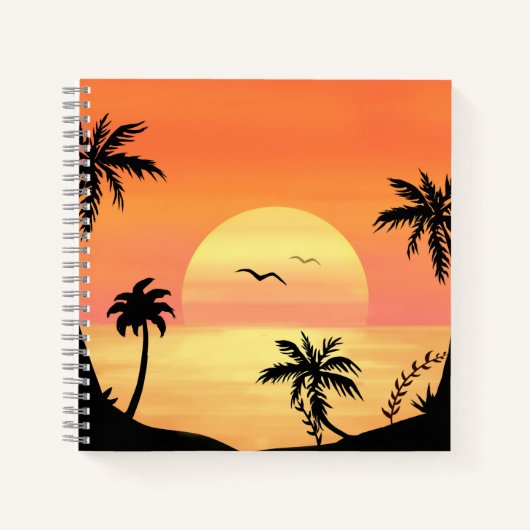 Tropical Beach Sunset Palm Tree Silhouette Art ノートブック (正面)