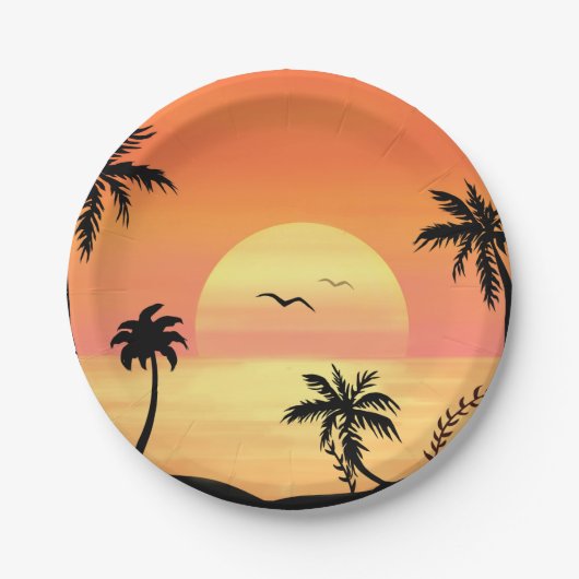 Tropical Beach Sunset Palm Tree Silhouette Art ペーパープレート (正面)