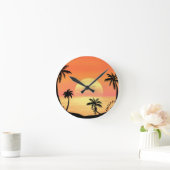 Tropical Beach Sunset Palm Tree Silhouette Art ラウンド壁時計 (ホーム)