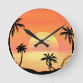 Tropical Beach Sunset Palm Tree Silhouette Art ラウンド壁時計 (正面)