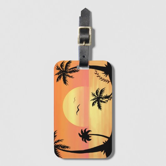 Tropical Beach Sunset Palm Tree Silhouette Art ラゲッジタグ (正面縦)