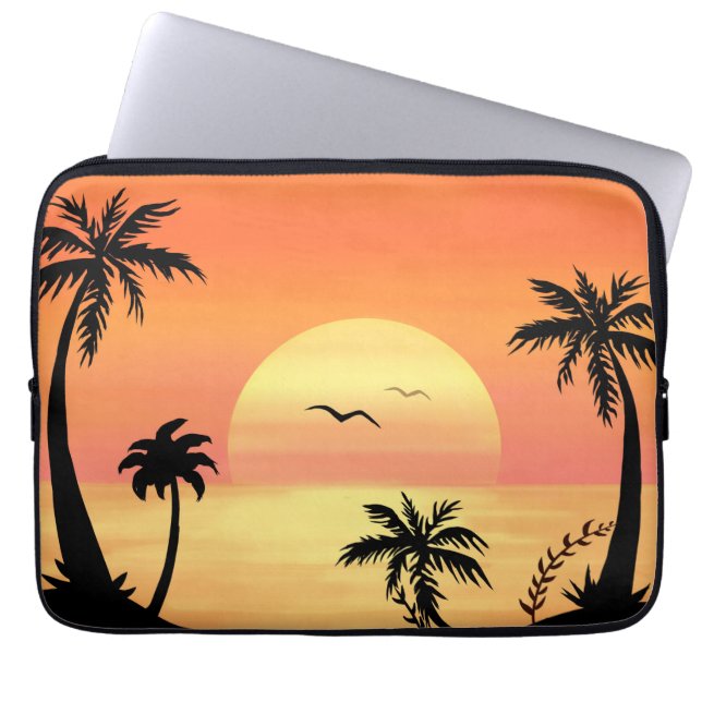 Tropical Beach Sunset Palm Tree Silhouette Art ラップトップスリーブ (正面)