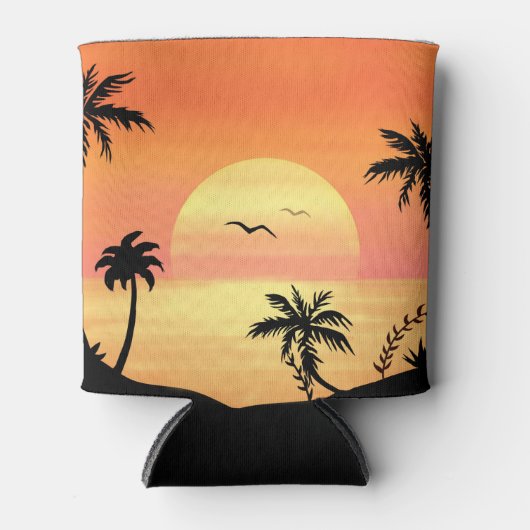 Tropical Beach Sunset Palm Tree Silhouette Art 缶クーラー (正面)