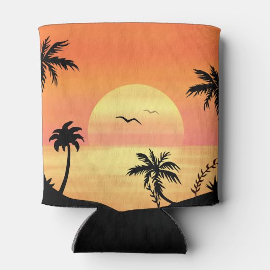 Tropical Beach Sunset Palm Tree Silhouette Art 缶クーラー (裏面)