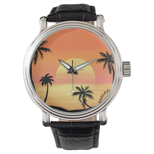Tropical Beach Sunset Palm Tree Silhouette Art 腕時計 (正面)