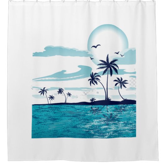 Tropical Beach Sunset Shower Curtain - Serene Ocea シャワーカーテン (正面)