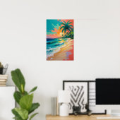 Tropical Beach Sunset with Palm Trees Ocean Art ポスター (ホームオフィス)