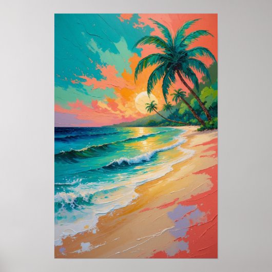 Tropical Beach Sunset with Palm Trees Ocean Art ポスター (正面)