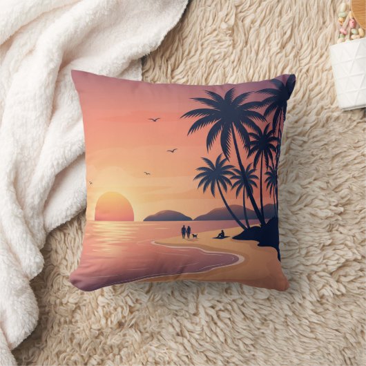 Tropical Beach Sunset with Palm Trees Throw Pillow クッション (ブランケット)