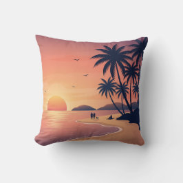 Tropical Beach Sunset with Palm Trees Throw Pillow クッション