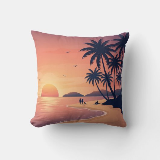 Tropical Beach Sunset with Palm Trees Throw Pillow クッション (正面)