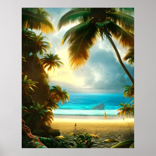 Tropical Beach teal water palm trees beautiful ポスター (正面)