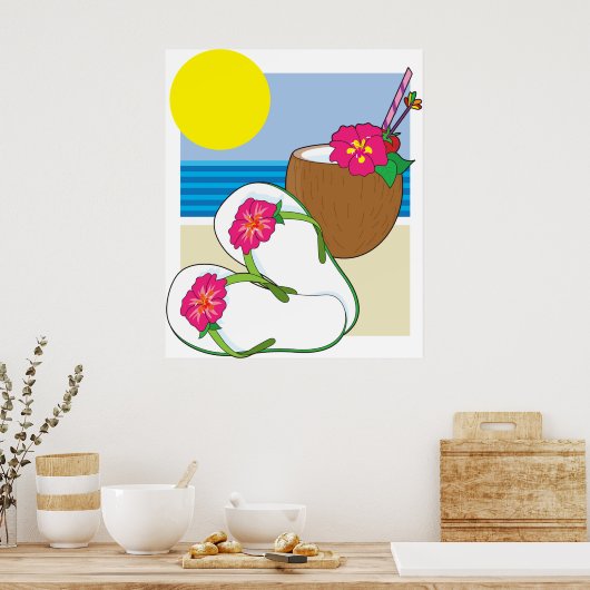 Tropical Beach Vacation Coconut Flowers Flip Flops ポスター (キッチン)