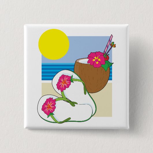 Tropical Beach Vacation Coconut Flowers Flip Flops 缶バッジ (正面)