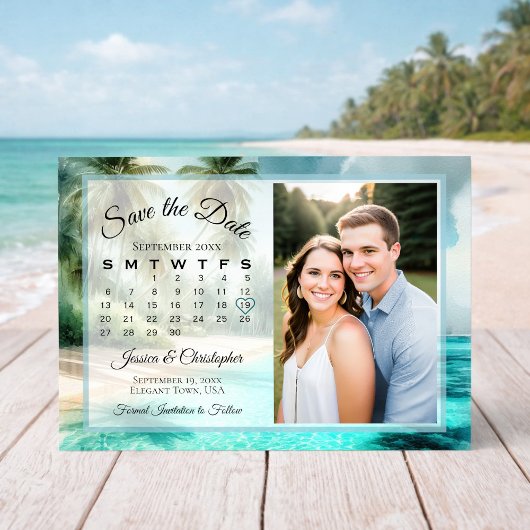 Tropical Beach Watercolor Calendar & Photo Wedding セーブザデート