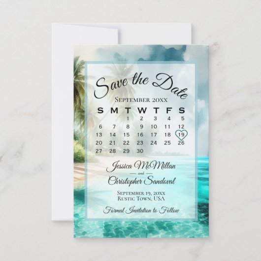 Tropical Beach Watercolor Chic Calendar Wedding  セーブザデート (正面)