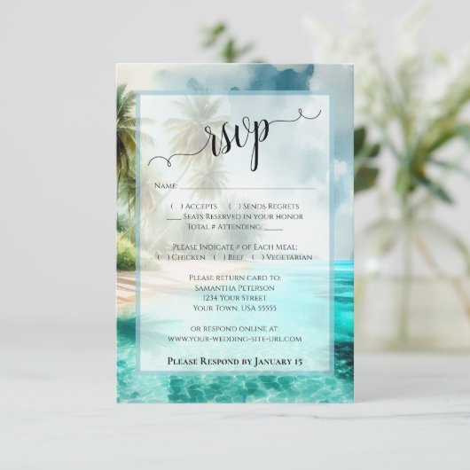 Tropical Beach Watercolor Coastal Waters Wedding 出欠カード (スタンド正面)
