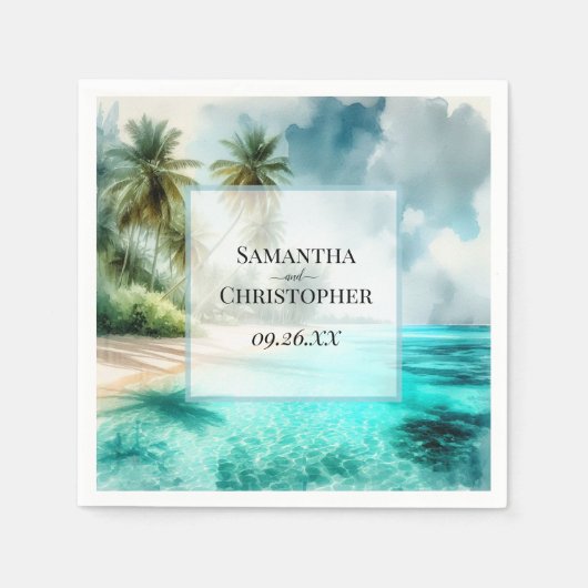 Tropical Beach Watercolor Elegant Coastal Wedding スタンダードカクテルナプキン (正面)