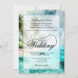 Tropical Beach Watercolor Fancy Script Wedding 招待状