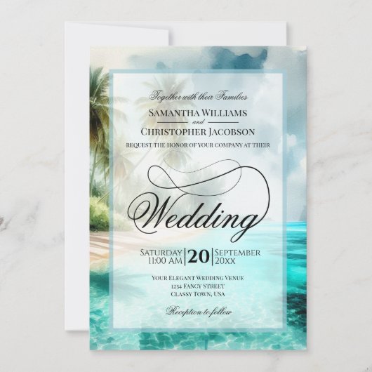 Tropical Beach Watercolor Fancy Script Wedding 招待状 (正面)