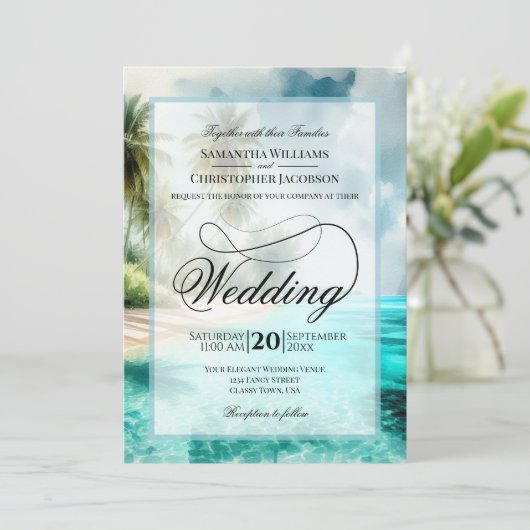 Tropical Beach Watercolor Fancy Script Wedding 招待状 (スタンド正面)